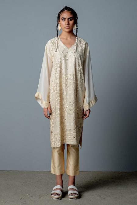 Pooja Rajgarhia Gupta White Georgette, Cotton Satin Cutdana Work, Mirror Work, Cleo Pheran And Pant Set 