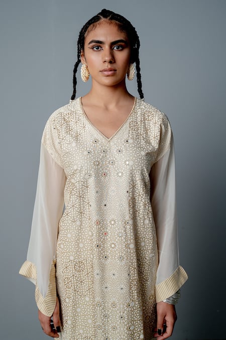 Shop_Pooja Rajgarhia Gupta_White Georgette, Cotton Satin Cutdana Work, Mirror Work, Cleo Pheran And Pant Set _Online_at_Aza_Fashions