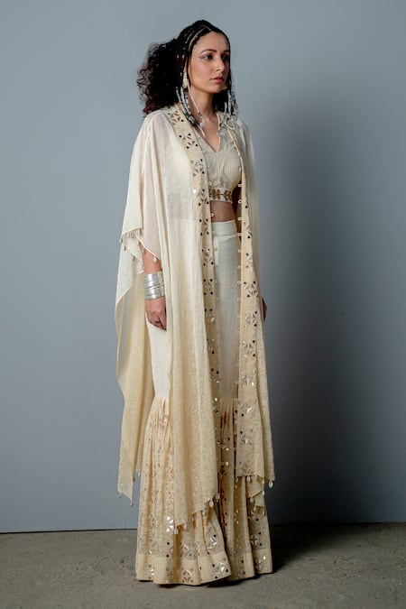 Pooja Rajgarhia Gupta_White Georgette Block Print, Sequins, Shells V Neck Mosaic Cape Sharara Set _Online_at_Aza_Fashions