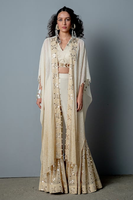Buy_Pooja Rajgarhia Gupta_White Georgette Block Print, Sequins, Shells V Neck Mosaic Cape Sharara Set _Online_at_Aza_Fashions