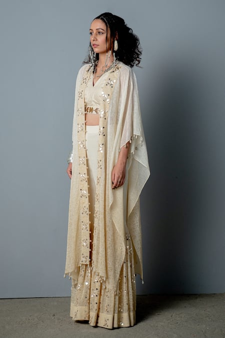 Shop_Pooja Rajgarhia Gupta_White Georgette Block Print, Sequins, Shells V Neck Mosaic Cape Sharara Set _Online_at_Aza_Fashions