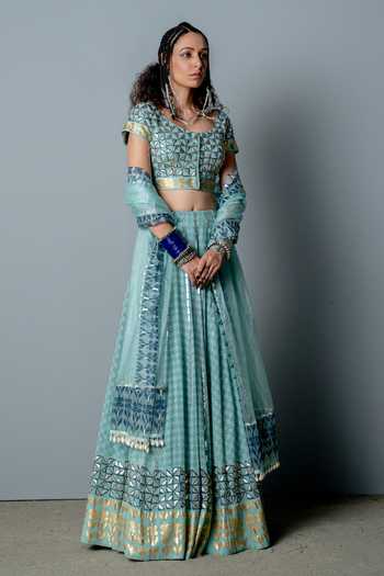 Pooja Rajgarhia Gupta_Blue Organza, Georgette Block Print, Sequins Square Neck Nefertiti Lehenga Set _Online_at_Aza_Fashions