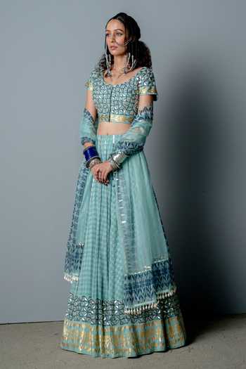 Buy_Pooja Rajgarhia Gupta_Blue Organza, Georgette Block Print, Sequins Square Neck Nefertiti Lehenga Set _Online_at_Aza_Fashions