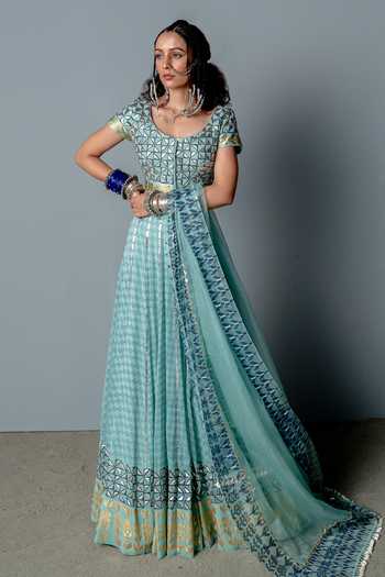 Shop_Pooja Rajgarhia Gupta_Blue Organza, Georgette Block Print, Sequins Square Neck Nefertiti Lehenga Set _Online_at_Aza_Fashions