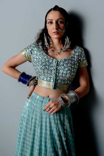 Pooja Rajgarhia Gupta_Blue Organza, Georgette Block Print, Sequins Square Neck Nefertiti Lehenga Set _at_Aza_Fashions