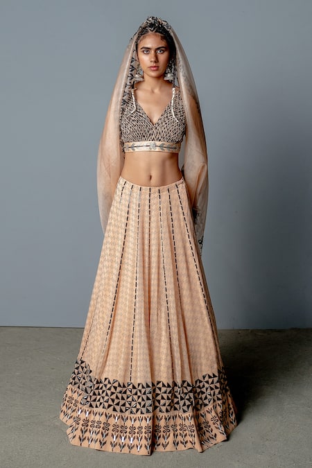 Buy_Pooja Rajgarhia Gupta_Beige Organza, Georgette Block Print, Sequins V Neck Zenobia Lehenga Set _Online_at_Aza_Fashions