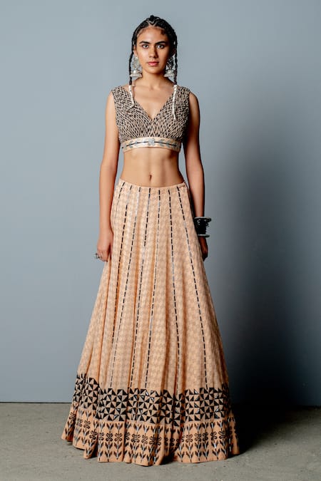 Shop_Pooja Rajgarhia Gupta_Beige Organza, Georgette Block Print, Sequins V Neck Zenobia Lehenga Set _Online_at_Aza_Fashions