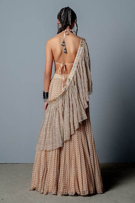 Shop Pooja Rajgarhia Gupta Beige Georgette Block Print Halter Neck Amina Lehenga Set at Aza Fashions Shop_Pooja Rajgarhia Gupta_Beige Georgette Block Print Halter Neck Amina Lehenga Set _at_Aza_Fashions