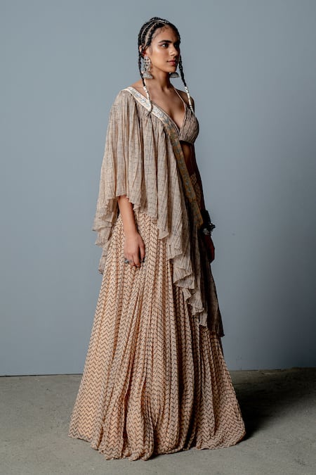 Pooja Rajgarhia Gupta Beige Georgette Block Print Halter Neck Amina Lehenga Set Online at Aza Fashions Pooja Rajgarhia Gupta_Beige Georgette Block Print Halter Neck Amina Lehenga Set _Online_at_Aza_Fashions