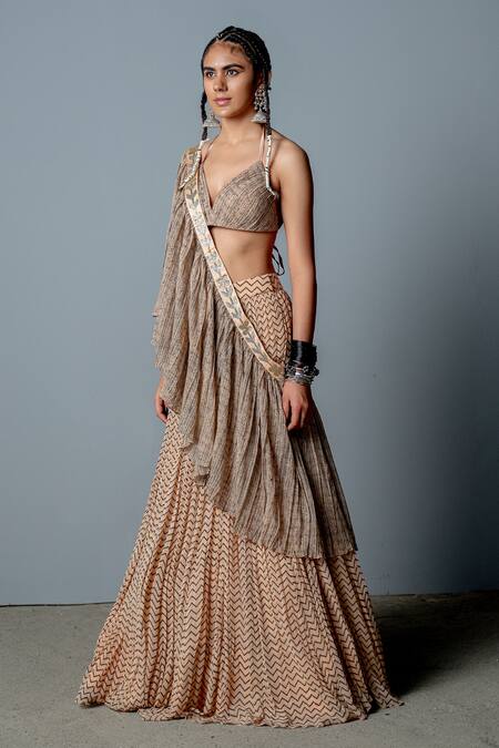 Buy Pooja Rajgarhia Gupta Beige Georgette Block Print Halter Neck Amina Lehenga Set Online at Aza Fashions Buy_Pooja Rajgarhia Gupta_Beige Georgette Block Print Halter Neck Amina Lehenga Set _Online_at_Aza_Fashions