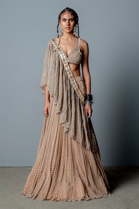 Shop Pooja Rajgarhia Gupta Beige Georgette Block Print Halter Neck Amina Lehenga Set Online at Aza Fashions Shop_Pooja Rajgarhia Gupta_Beige Georgette Block Print Halter Neck Amina Lehenga Set _Online_at_Aza_Fashions