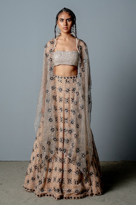 Pooja Rajgarhia Gupta Mosaic Block Print Cape Lehenga Set 