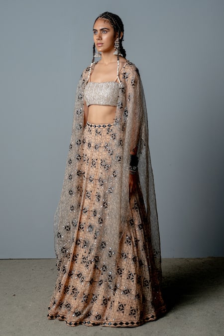 Pooja Rajgarhia Gupta_Beige Organza, Georgette Bead Work, Block Print, Mosaic Cape Lehenga Set _Online_at_Aza_Fashions