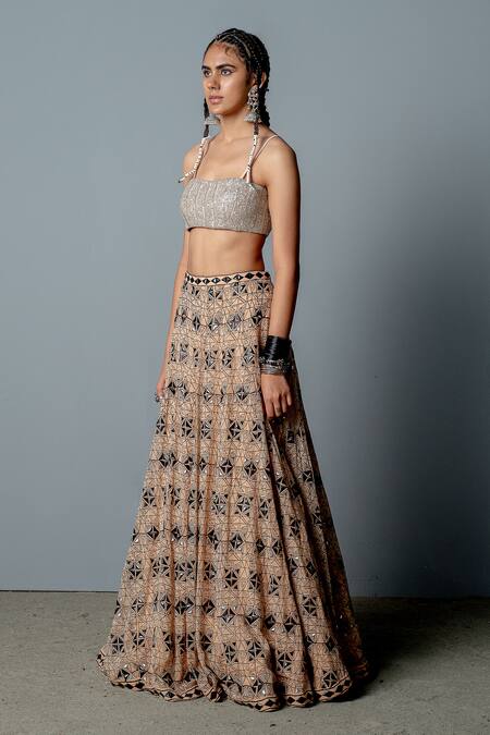 Buy_Pooja Rajgarhia Gupta_Beige Organza, Georgette Bead Work, Block Print, Mosaic Cape Lehenga Set _Online_at_Aza_Fashions