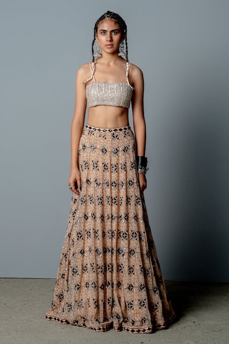 Shop_Pooja Rajgarhia Gupta_Beige Organza, Georgette Bead Work, Block Print, Mosaic Cape Lehenga Set _Online_at_Aza_Fashions