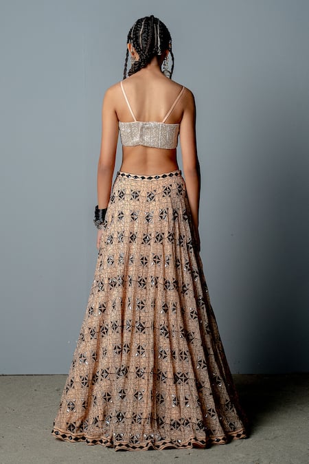 Pooja Rajgarhia Gupta_Beige Organza, Georgette Bead Work, Block Print, Mosaic Cape Lehenga Set _at_Aza_Fashions