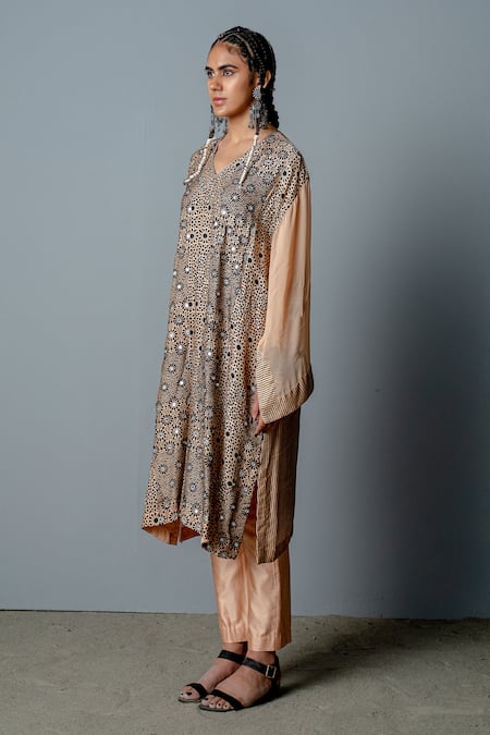 Buy_Pooja Rajgarhia Gupta_Beige Cotton Satin Cutdana Work, Mirror Work, Screen Mosaic Pheran And Pant Set _Online_at_Aza_Fashions