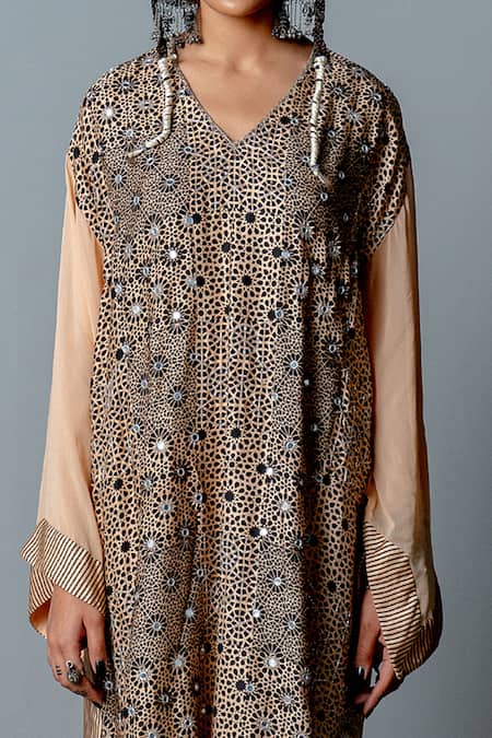 Shop_Pooja Rajgarhia Gupta_Beige Cotton Satin Cutdana Work, Mirror Work, Screen Mosaic Pheran And Pant Set _Online_at_Aza_Fashions