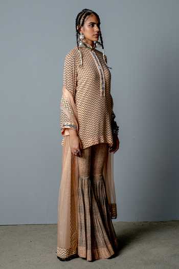Pooja Rajgarhia Gupta_Beige Organza, Georgette Cutdana, Zig Zag Print Mandarin Kurta Sharara Set _Online_at_Aza_Fashions