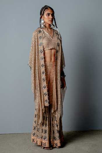 Pooja Rajgarhia Gupta_Beige Georgette Bead Work, Block Print V Neck Mosaic Cape Sharara Set _Online_at_Aza_Fashions