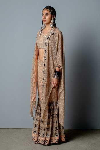 Buy_Pooja Rajgarhia Gupta_Beige Georgette Bead Work, Block Print V Neck Mosaic Cape Sharara Set _Online_at_Aza_Fashions