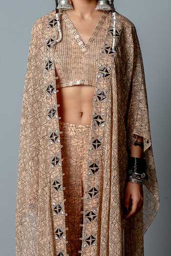 Shop_Pooja Rajgarhia Gupta_Beige Georgette Bead Work, Block Print V Neck Mosaic Cape Sharara Set _Online_at_Aza_Fashions