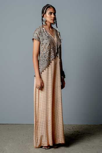 Pooja Rajgarhia Gupta_Beige Crepe Block Print, Sequins, Zenobia Hand Embroidered Jacket And Jumpsuit Set _Online_at_Aza_Fashions
