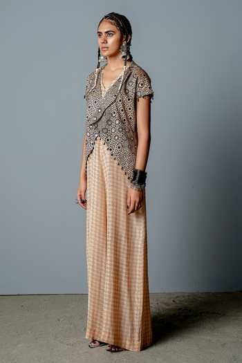 Buy_Pooja Rajgarhia Gupta_Beige Crepe Block Print, Sequins, Zenobia Hand Embroidered Jacket And Jumpsuit Set _Online_at_Aza_Fashions