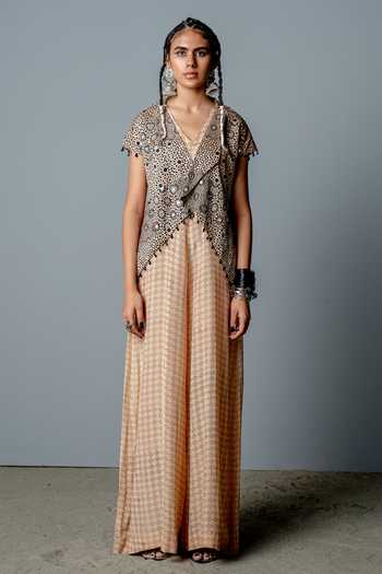 Shop_Pooja Rajgarhia Gupta_Beige Crepe Block Print, Sequins, Zenobia Hand Embroidered Jacket And Jumpsuit Set _Online_at_Aza_Fashions