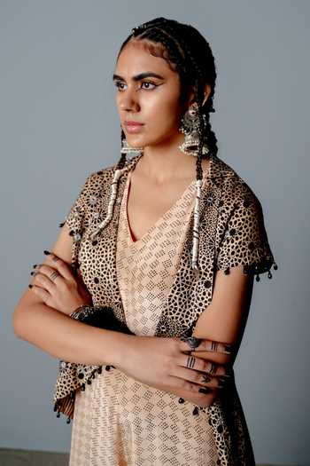 Pooja Rajgarhia Gupta_Beige Crepe Block Print, Sequins, Zenobia Hand Embroidered Jacket And Jumpsuit Set _at_Aza_Fashions