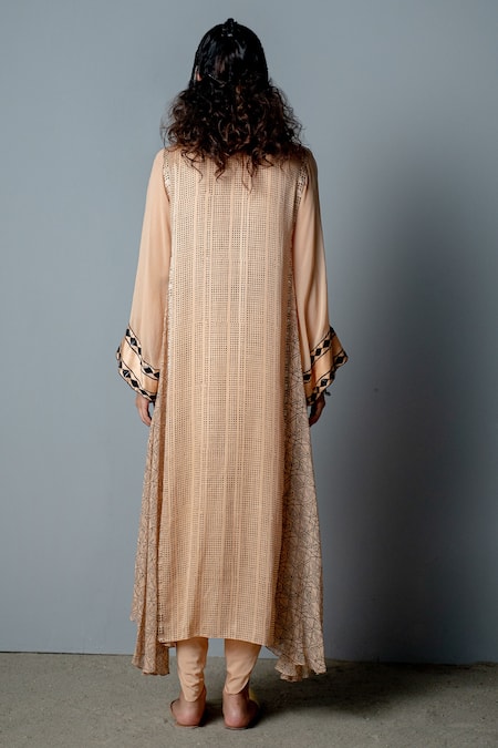Shop Pooja Rajgarhia Gupta Beige Crepe, Georgette, Cotton Satin Geometric Print, Zenobia Kurta And Pant Set at Aza Fashions Shop_Pooja Rajgarhia Gupta_Beige Crepe, Georgette, Cotton Satin Geometric Print, Zenobia Kurta And Pant Set _at_Aza_Fashions