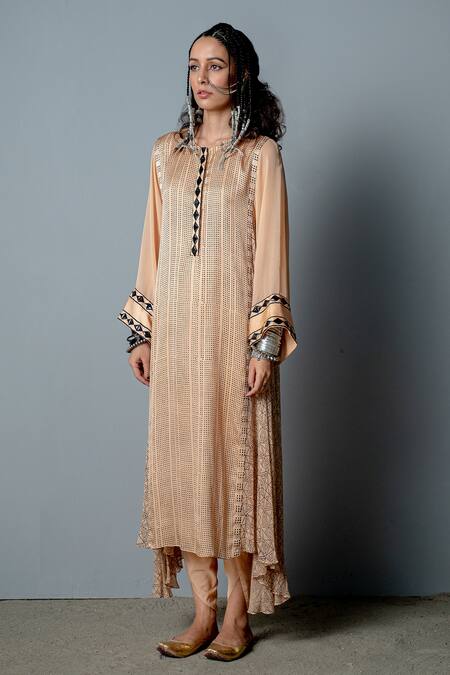 Shop Pooja Rajgarhia Gupta Beige Crepe, Georgette, Cotton Satin Geometric Print, Zenobia Kurta And Pant Set Online at Aza Fashions Shop_Pooja Rajgarhia Gupta_Beige Crepe, Georgette, Cotton Satin Geometric Print, Zenobia Kurta And Pant Set _Online_at_Aza_Fashions
