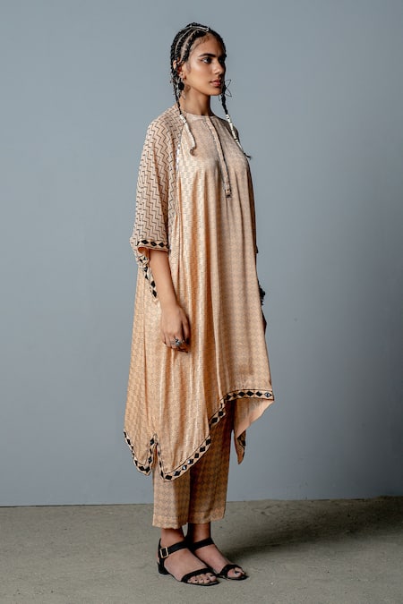 Pooja Rajgarhia Gupta_Beige Georgette, Cotton Satin Geometric Print, Sequins Cleo Kaftan And Pant Set _Online_at_Aza_Fashions