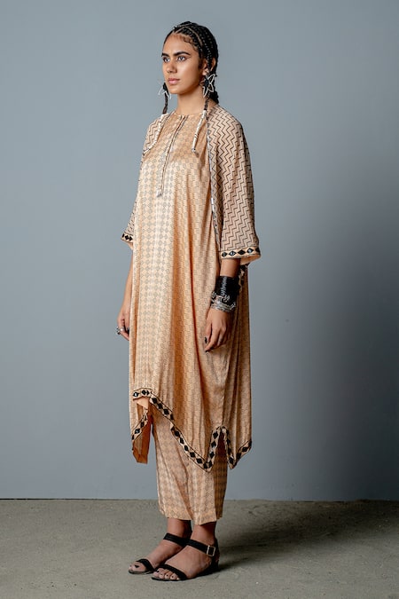 Buy_Pooja Rajgarhia Gupta_Beige Georgette, Cotton Satin Geometric Print, Sequins Cleo Kaftan And Pant Set _Online_at_Aza_Fashions