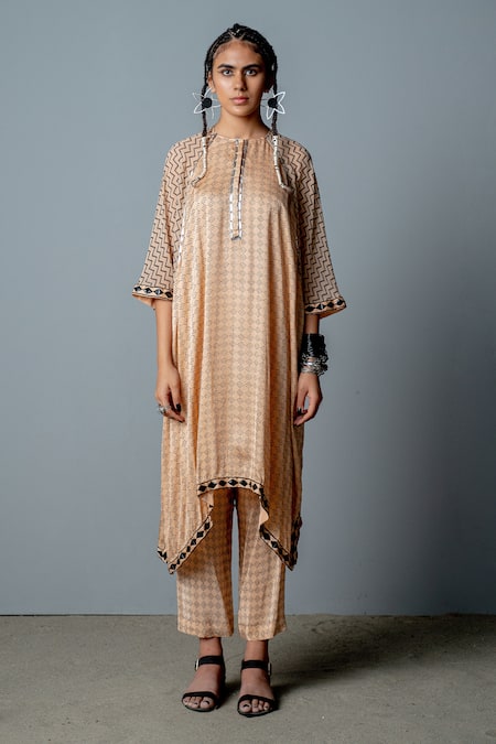 Shop_Pooja Rajgarhia Gupta_Beige Georgette, Cotton Satin Geometric Print, Sequins Cleo Kaftan And Pant Set _Online_at_Aza_Fashions