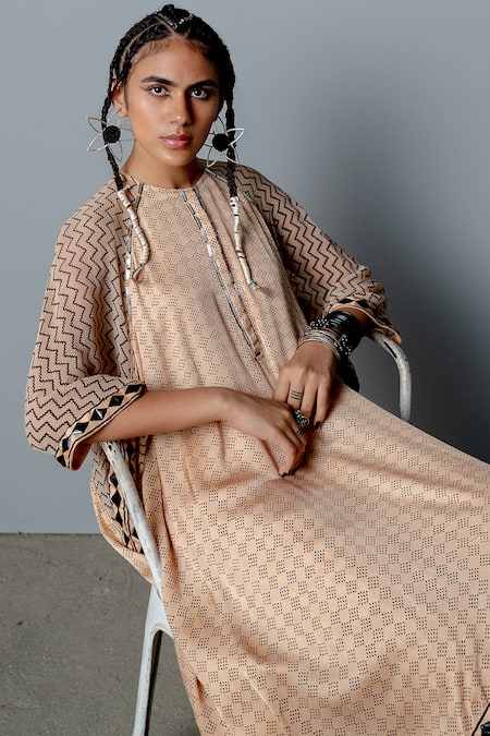 Pooja Rajgarhia Gupta_Beige Georgette, Cotton Satin Geometric Print, Sequins Cleo Kaftan And Pant Set _at_Aza_Fashions