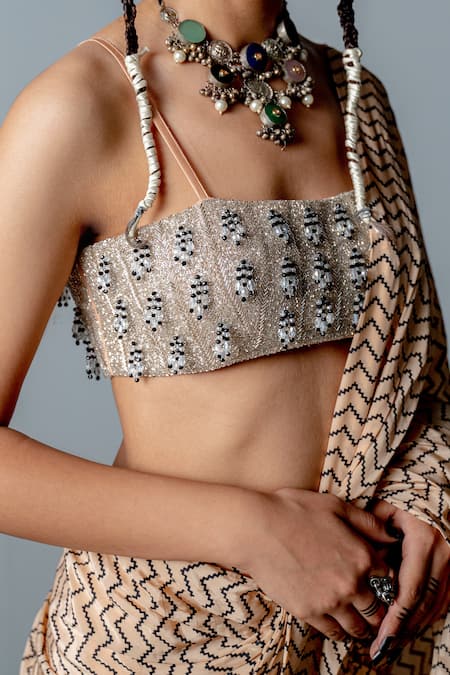 Shop_Pooja Rajgarhia Gupta_Beige Crepe, Cotton Satin Geometric Print, Zenobia Pre-draped Saree With Blouse _Online_at_Aza_Fashions