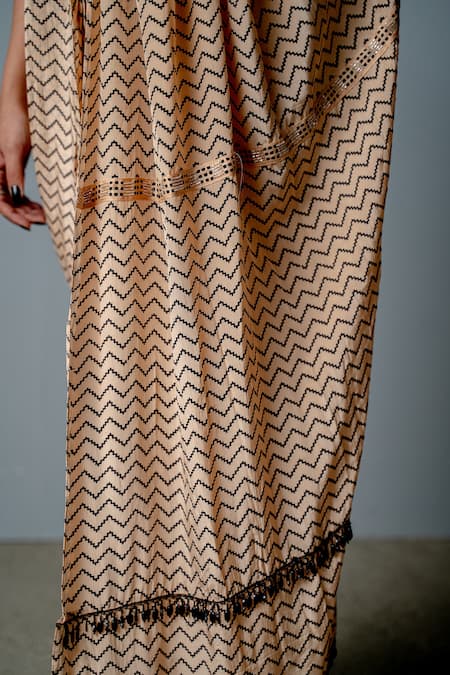 Pooja Rajgarhia Gupta_Beige Crepe, Cotton Satin Geometric Print, Zenobia Pre-draped Saree With Blouse _at_Aza_Fashions