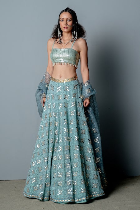 Shop Pooja Rajgarhia Gupta White Organza, Georgette Block Print, Sequins, Shells Mosaic Cape Lehenga Set Online at Aza Fashions Shop_Pooja Rajgarhia Gupta_White Organza, Georgette Block Print, Sequins, Shells Mosaic Cape Lehenga Set _Online_at_Aza_Fashions