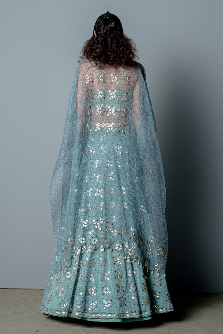Shop Pooja Rajgarhia Gupta White Organza, Georgette Block Print, Sequins, Shells Mosaic Cape Lehenga Set at Aza Fashions Shop_Pooja Rajgarhia Gupta_White Organza, Georgette Block Print, Sequins, Shells Mosaic Cape Lehenga Set _at_Aza_Fashions