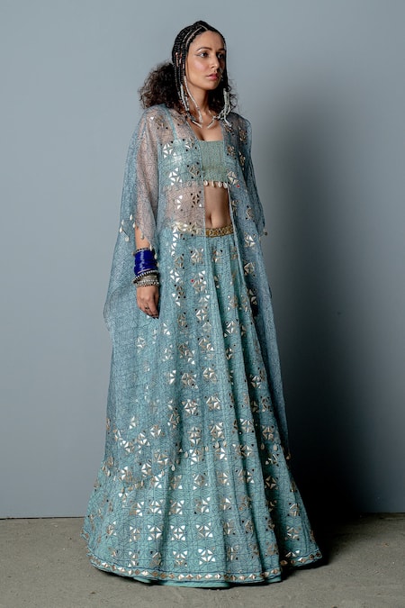 Pooja Rajgarhia Gupta White Organza, Georgette Block Print, Sequins, Shells Mosaic Cape Lehenga Set Online at Aza Fashions Pooja Rajgarhia Gupta_White Organza, Georgette Block Print, Sequins, Shells Mosaic Cape Lehenga Set _Online_at_Aza_Fashions