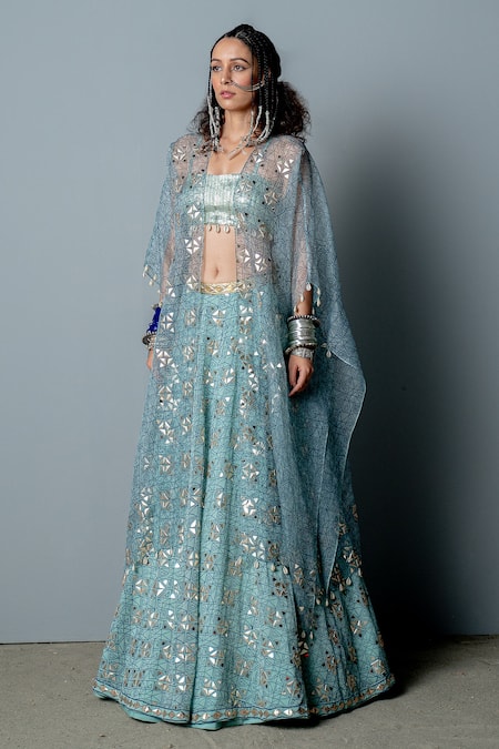 Buy Pooja Rajgarhia Gupta White Organza, Georgette Block Print, Sequins, Shells Mosaic Cape Lehenga Set Online at Aza Fashions Buy_Pooja Rajgarhia Gupta_White Organza, Georgette Block Print, Sequins, Shells Mosaic Cape Lehenga Set _Online_at_Aza_Fashions