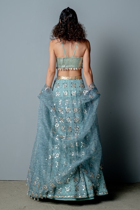 Pooja Rajgarhia Gupta White Organza, Georgette Block Print, Sequins, Shells Mosaic Cape Lehenga Set at Aza Fashions Pooja Rajgarhia Gupta_White Organza, Georgette Block Print, Sequins, Shells Mosaic Cape Lehenga Set _at_Aza_Fashions