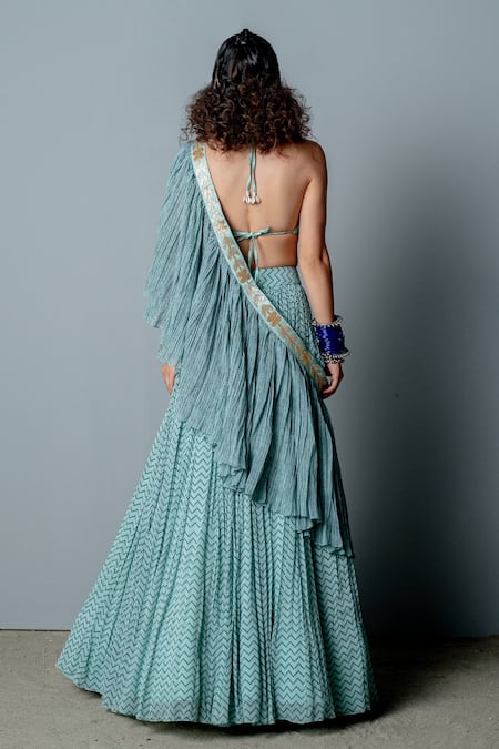 Pooja Rajgarhia Gupta Blue Georgette Block Print Halter Neck Nandi Lehenga Set Online at Aza Fashions Pooja Rajgarhia Gupta_Blue Georgette Block Print Halter Neck Nandi Lehenga Set _Online_at_Aza_Fashions