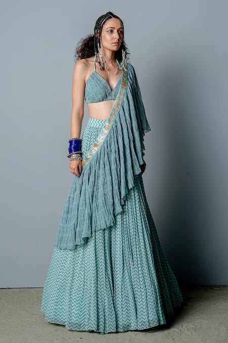 Buy Pooja Rajgarhia Gupta Blue Georgette Block Print Halter Neck Nandi Lehenga Set Online at Aza Fashions Buy_Pooja Rajgarhia Gupta_Blue Georgette Block Print Halter Neck Nandi Lehenga Set _Online_at_Aza_Fashions