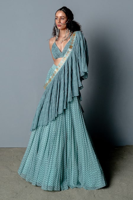 Shop Pooja Rajgarhia Gupta Blue Georgette Block Print Halter Neck Nandi Lehenga Set Online at Aza Fashions Shop_Pooja Rajgarhia Gupta_Blue Georgette Block Print Halter Neck Nandi Lehenga Set _Online_at_Aza_Fashions