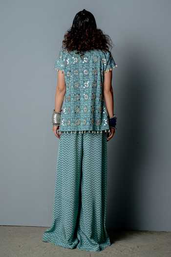 Shop Pooja Rajgarhia Gupta Blue Georgette Block Print, Nefertiti Hand Embroidered Jacket And Jumpsuit Set at Aza Fashions Shop_Pooja Rajgarhia Gupta_Blue Georgette Block Print, Nefertiti Hand Embroidered Jacket And Jumpsuit Set _at_Aza_Fashions