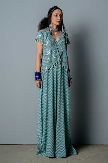 Pooja Rajgarhia Gupta Blue Georgette Block Print, Nefertiti Hand Embroidered Jacket And Jumpsuit Set Online at Aza Fashions Pooja Rajgarhia Gupta_Blue Georgette Block Print, Nefertiti Hand Embroidered Jacket And Jumpsuit Set _Online_at_Aza_Fashions