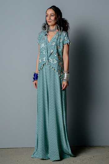 Buy Pooja Rajgarhia Gupta Blue Georgette Block Print, Nefertiti Hand Embroidered Jacket And Jumpsuit Set Online at Aza Fashions Buy_Pooja Rajgarhia Gupta_Blue Georgette Block Print, Nefertiti Hand Embroidered Jacket And Jumpsuit Set _Online_at_Aza_Fashions