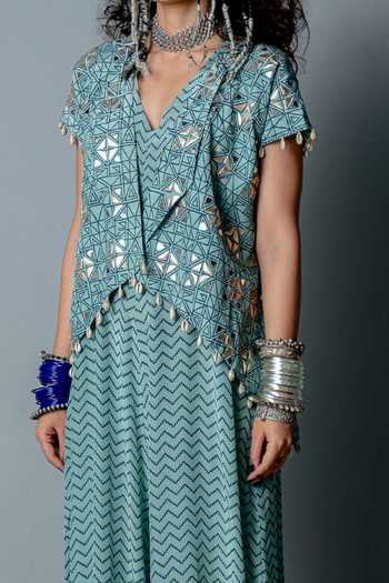 Shop Pooja Rajgarhia Gupta Blue Georgette Block Print, Nefertiti Hand Embroidered Jacket And Jumpsuit Set Online at Aza Fashions Shop_Pooja Rajgarhia Gupta_Blue Georgette Block Print, Nefertiti Hand Embroidered Jacket And Jumpsuit Set _Online_at_Aza_Fashions